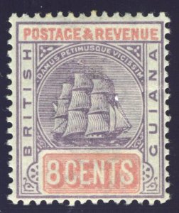 British Guiana 1889 Sailing Ship 8c dull purple & rose MLH. SG 199. Sc 139.