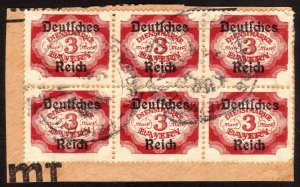 1920, Germany Bavaria 3Mk, Official stamp block of 6 Used, Sc O68, Mi D50