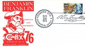 BENJAMIN FRANKLIN AMERICA'S FIRST POSTMASTER CACHET EVENT COVER AT COMPEX '76
