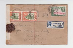 CEYLON TO UK 1943 CENSOR COVER, SCARCE LATE censor, 40c RATE(SEE BELOW