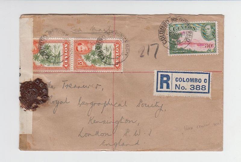 CEYLON TO UK 1943 CENSOR COVER, SCARCE LATE CENSOR, 40c RATE(SEE BELOW