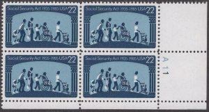 1985 Social Security Act Plate Block of 4 22c Postage Stamps, Sc# 2153, MNH, OG