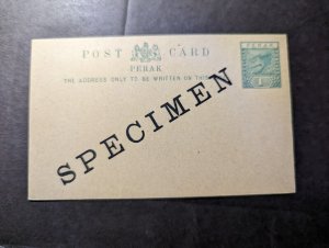 Mint British Perak Postal Stationery Postcard Specimen Overprint 1 Cent Denom