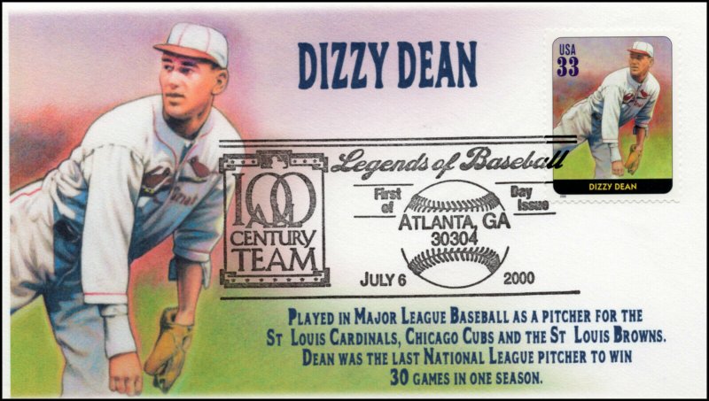 AO 3408S, 2000, Legends of Baseball, FDC, Add On Cachet, Dizzy Dean, SC 3408s