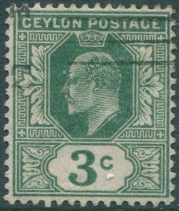 Ceylon 1910 SG293 3c green KEVII mult crown CA wmk FU (amd)