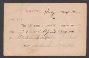 US Sc UX12 used. 1904 Registrar of Births, Marriages & Deaths postal card