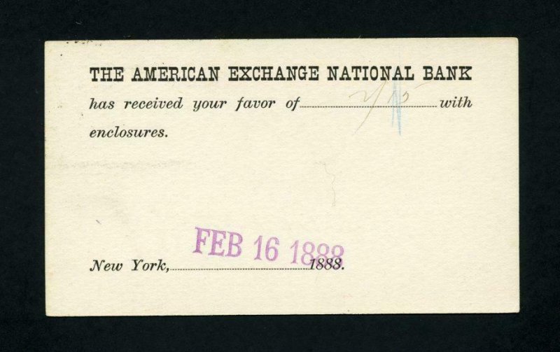 Post Card American Exchange National Bank, NY to Lee National Bank - 2-16-1888