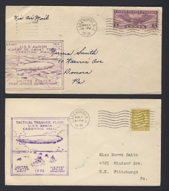 2x USA Air Mail USS Akron Covers 1932 5c & 1932 8c To PA Back Stamped USS AKRON