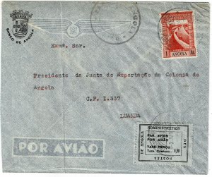 Angola 1945 Lobito cancel on cover, franked provisional airmail, Sanabria 12