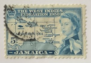 Jamaica 1958 Scott 176 used - 5p, West Indies Federation & Queen Elizabeth II