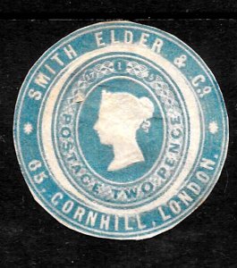 QV Postal : Newspaper Wrapper - SMITH ELDER 2d , Advertising Ring Cutout,  1865