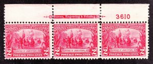 US 329 2c Jamestown Exposition Mint F-VF Strip of 3 Plt# 3610 OG NH SCV $260