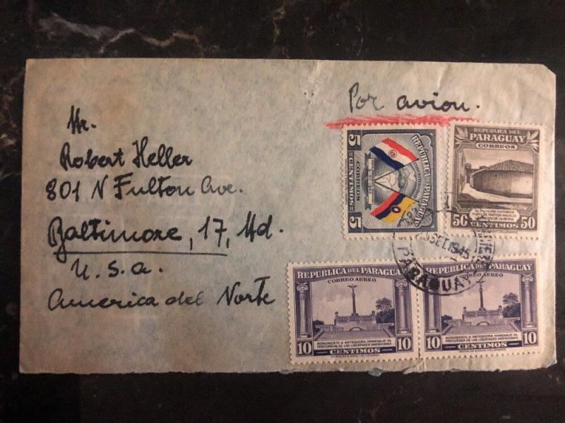 1945 Port fonciere Paraguay Registered Airmail Cover To Baltimore MD USA