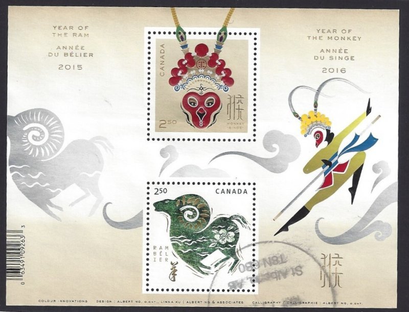 Canada #2885a Used SS, Year of the Monkey / Ram, issued 2016