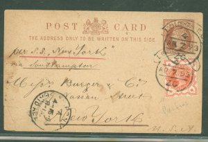 Great Britain  Postal card with half penny value and added on half penny stamp to New York, city - dated London april 7, 93 - st