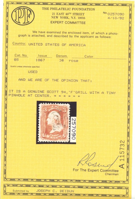 U.S. #94 USED WITH PF CERT