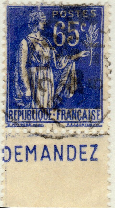 FRANCE - 1937 Pub CCP (DEMANDEZ) sur Yv.365b 65c Paix - Obl. TB (A1)