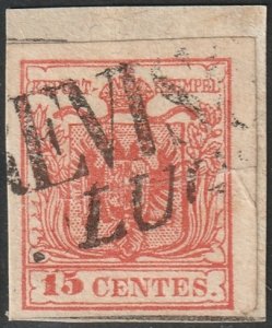 Lombardy Venetia 1852 Sc 4a used repaired signed E Diena vivid red carmine shade