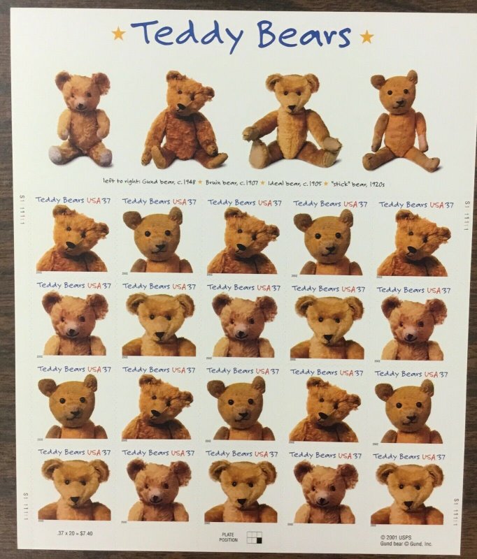 3653-3656   Teddy Bears Lot of 10 MNH 37 c Sheet of 20 FV $74.00   2002