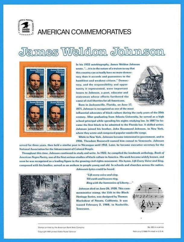 USPS COMMEMORATIVE PANEL #311 JAMES W JOHNSON #2371