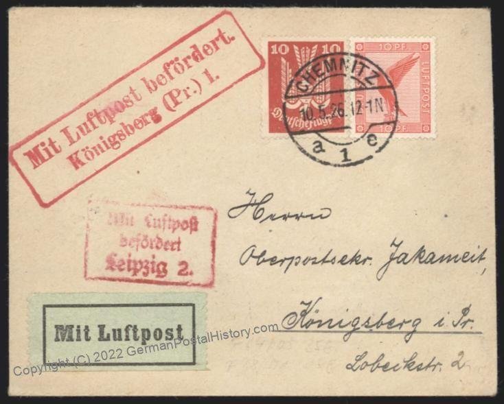 Germany 1926 Airmail Cover USED Chemnitz Koenigsberg Leipzig Kaliningrad 110152