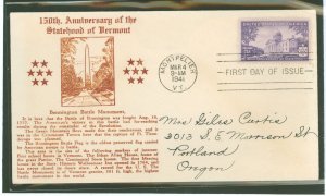 US 903 1941 3c Vermont/150th anniversary of statehood (single) on an addressed first day cover with a Crosby cachet variety.