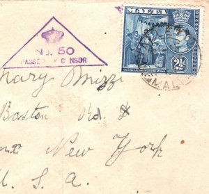 MALTA WW2 Cover Valletta TRIANGULAR CENSOR *No.50* 1941 New York {samwells}KA262