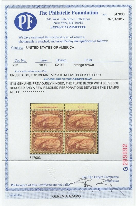#293 Plate Block, One of Only a Few in Existence SEE DETAILS  (GP 10/12/21) 
