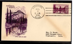 US 742 1934 3c Mt Rainier (part of the Natl Parks series) on an addressed (typed) FDC with a Grimsland cachet; cover has corner