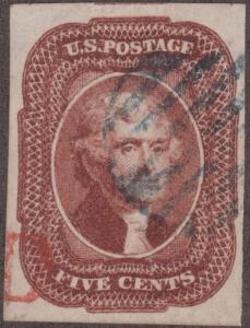 #12 SUPERB GEM APP. WITH BLUE GRID & RED PAID CANCELS W/ LIGHT CREASE HV1153