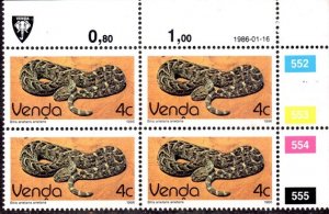 Venda - 1986 Reptiles 4c 1986.01.16 Plate Block MNH** SG 122