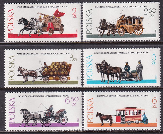 Poland 1980 Sc 2425-30 Horse Drawn Coach Wagon Sled Bus Two-Seater Stamp MNH