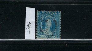 NATAL SCOTT #9  VICTORIA- 1860 3P (BLUE) PERF 14  - USED