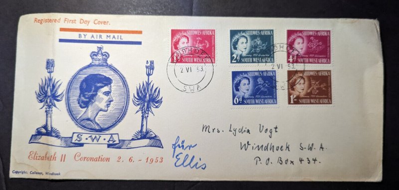 1953 British SWA QE2 Coronation Airmail First Day Cover FDC Windhoek Local Use