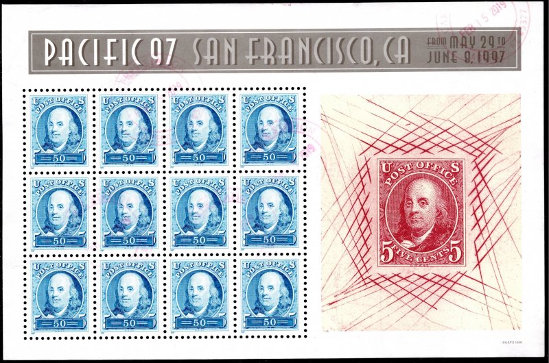 3139 Used, pane of 12, Pacific '97 Ben Franklin - no per item S&H fees