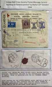 1944 Bombay India Red Cross Censored Airmail Cover To Geneva Switzerland