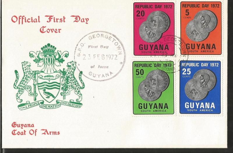 J) 1972 GUAYANA, EMBLEM OF GUAYANA, COINS, MULTIPLE STAMPS, FDC
