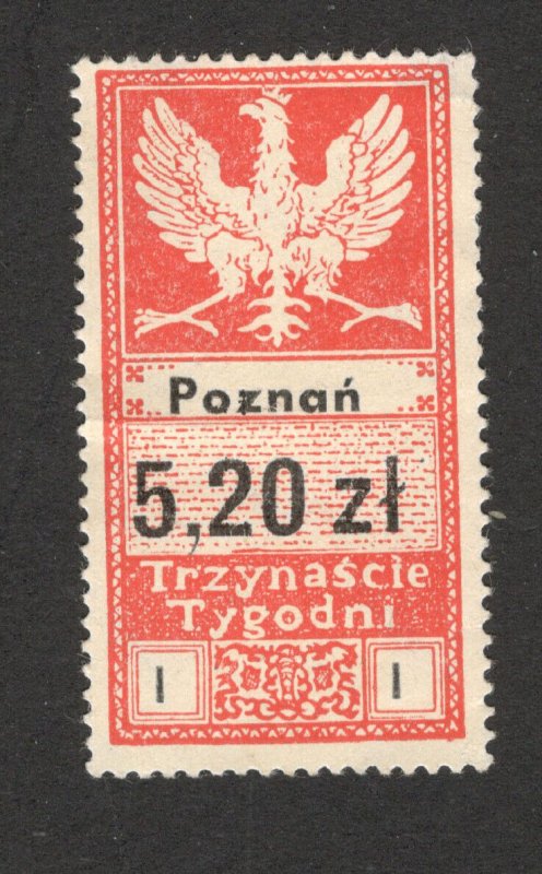 POLAND - MINT REVENUE STAMP POZNAN , 5,20 zl - TRZYNASCIE TYGODNI  