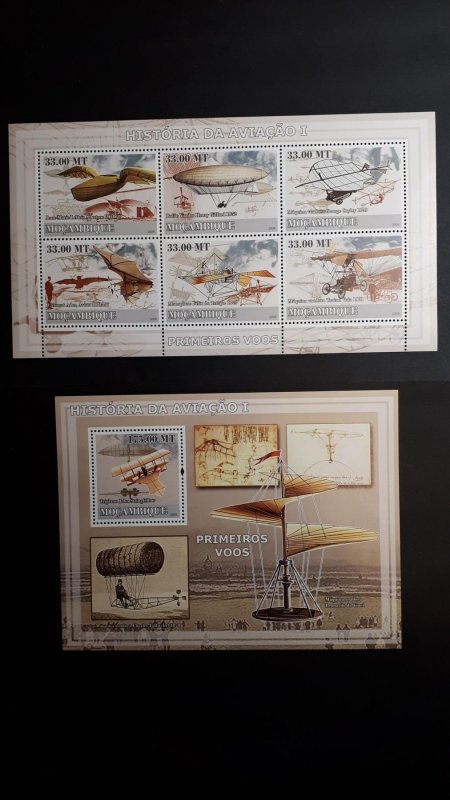 Airplanes - History of Aviation 1 - Mozambique 2009 - Complete SS + Bl ** MNH