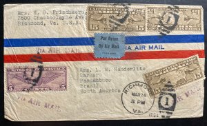 1934 Richmond VA Usa Airmail Cover To Pernambuco Brazil