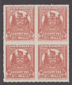 Canada Revenue OLT2 Mint Ontario Luxury Tax Stamps, Block of 4