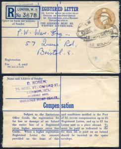 RP61 KGVI 5 1/2d Registered Envelope Size F THOMAS DE LA RUE Imprint RARE USED