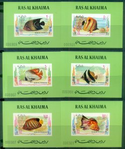 Ras Al Khaima 1972 Mi#628-633 Marine Life, Fish 6xDLMS green background MLH
