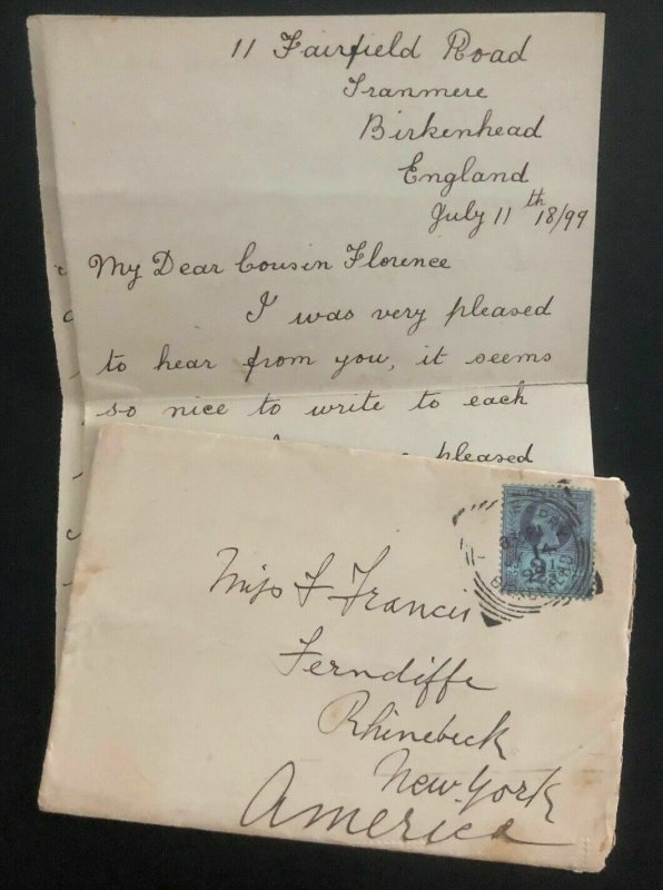 1899 Birkenhead England Cover To Rhinebeck NY USA Original Letter Enclosed