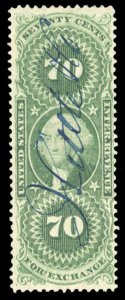 United States, Revenues #R65c Cat$14, 1862 Foreign Exchange, 70c green, perfo...