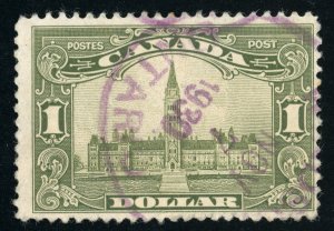 Canada Scott 159  Used $1 Olive Green 1929 Dated Cancel  QC055  bhmstamps