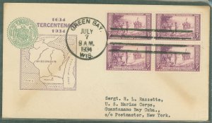 US 739 (1934) 3c Wisconsin Territory Tercentennary (block of four) on an addressed (typed) (to Guantanamo Bay Cuba) First Day Co