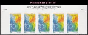 US B5 Breast Cancer First Class Semipostal header strip 5 B1111111 MNH 2014