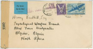 US  1943 US censored air mail cover to Algeria. WWII censored air mail cover. 1943 Feb 8, correct 33c air mail rate, service res