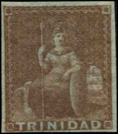 Trinidad SC# 1a purple brown Britannia 1p Imperf on Blue Paper Mint HInged